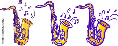 Cartoon saxophone vector set with musical notes, vibrant yellow and purple jazz instruments, collection of 3 brass wind instrument illustrations