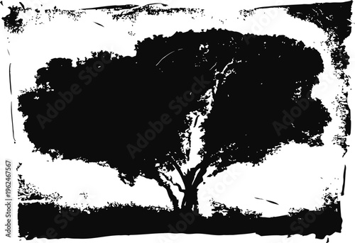 Black silhouette of a large tree with sprawling branches on textured grunge background
