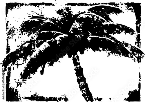 Grunge palm tree silhouette with textured border for tropical and vintage design