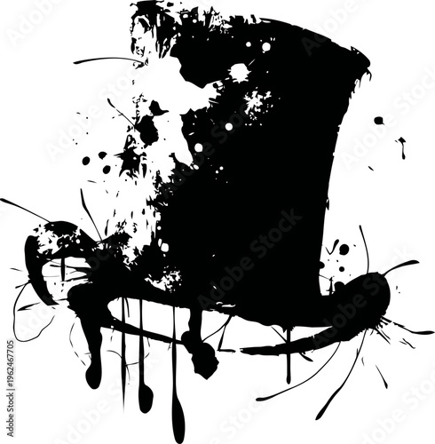Grunge black ink splatter top hat silhouette with dripping paint and abstract texture
