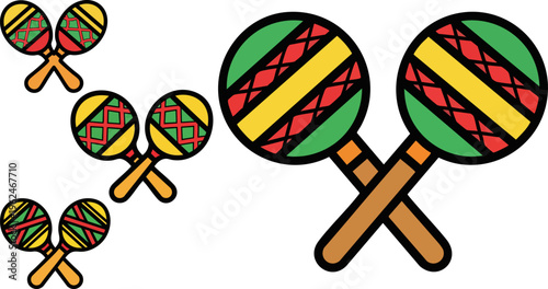 Mexican maracas vector illustration, colorful latin percussion instruments with geometric patterns, traditional musical shakers for fiesta celebration