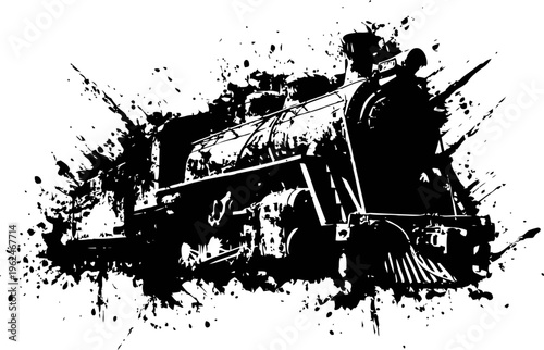Vintage steam locomotive with splatter effect black grunge train illustration industrial, transportation, retro design element