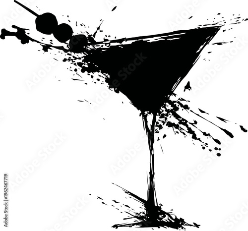 Martini glass silhouette with olives abstract ink splash vector illustration of cocktail drink