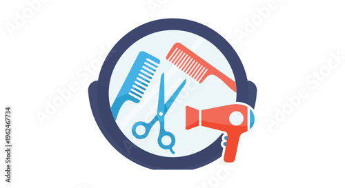 Hair salon logo with blue and red tools in circular frame for branding