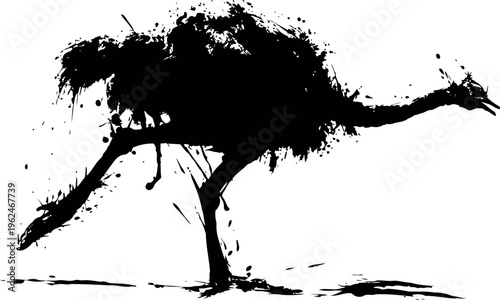 running ostrich silhouette with paint splatter effect on white background