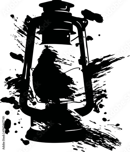 Black ink silhouette of vintage lantern with splatter brush strokes isolated on white background