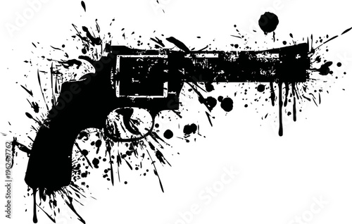 Black revolver silhouette with ink splatter effect on white background, artistic firearm illustration