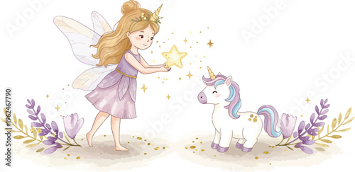 Whimsical fairy girl with rabbit companion in floral surroundings with purple flowers and leaves