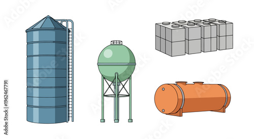 Set of Farm Storage Tanks and Grain Silo Vector Illustration