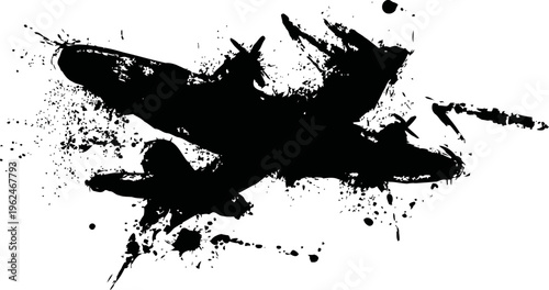 abstract black ink airplane silhouette with splatter effect on white background