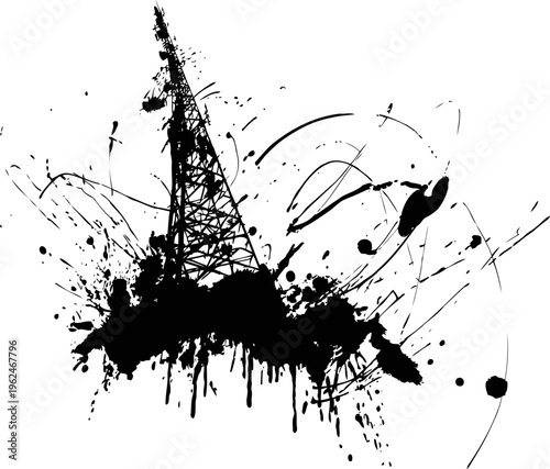 Abstract black ink splatter with communication tower silhouette and dynamic brush strokes