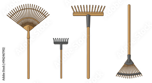 Set of Various Rakes for Gardening and Farming including Leaf Rakes and Soil Rakes, Isolated on White Background Vector Illustration