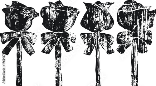 grunge black rose with bow silhouette set vintage floral hand drawn sketch isolated on white background