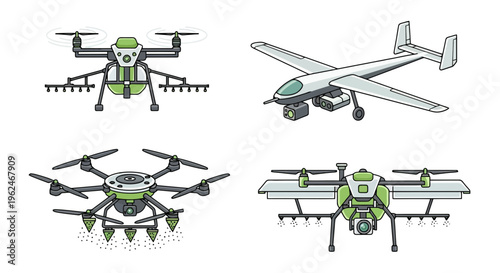 Agricultural Drone Set for Smart Farming, UAV Collection for Precision Crop Spraying, Seeding, and Mapping, Modern Agritech Vector Illustration