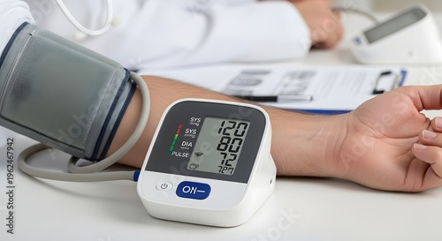 Professional Medical Measurement of Blood Pressure Using a Digital Monitor Device in a Clinical Setting for Health Screening, Diagnosis, and Patient Monitoring in Modern Healthcare and Wellness
