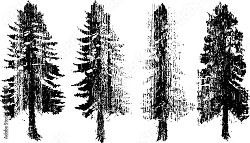 Black and white pine trees silhouettes set forest nature elements isolated on white background