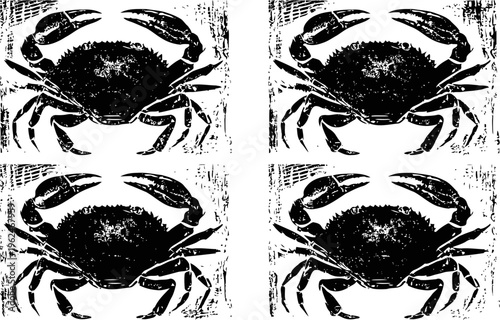 Four black crab silhouettes with detailed claws and legs arranged on white background