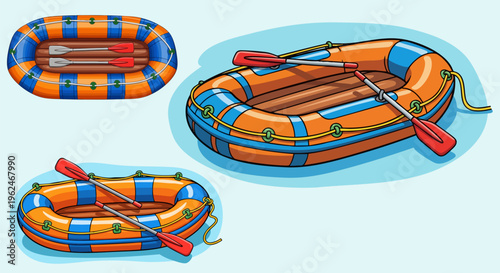 Inflatable rubber boat vector set, orange and blue striped rafting dinghy with red oars, cartoon style water transport collection for summer vacation