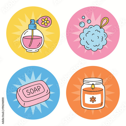 Set of four circular icons representing personal care and relaxation items.