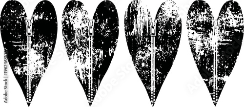 Four distressed black grunge hearts in a vertical row with rough textured edges and scratch marks