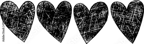 four grunge hearts with scratched texture vintage distressed love symbols in black and white design