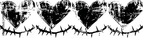 Grunge row of black hearts on stems with rough texture and curved lines