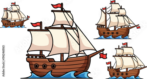 Vintage wooden sailing ship vector set, classic maritime galleon with white sails and red flags, nautical vessel collection for sea adventure