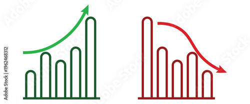 Financial Outline Bar Charts with Green Rising and Red Falling Curved Arrows Representing Stock Market Growth Success Economic Loss and Data Analytics.