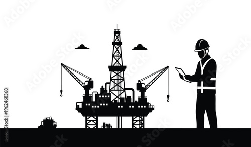 Silhouette of an oil rig worker standing next to an offshore drilling platform in silhouette