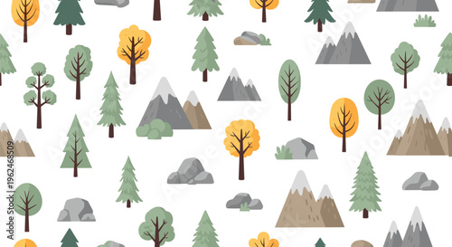 Seamless landscape pattern featuring various green and yellow trees, grey mountains, and rocks scattered on a white background.