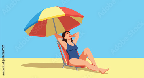 Woman in a blue swimsuit relaxing on a red beach chair under a colorful beach umbrella on a sunny yellow sand beach.
