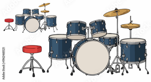 Professional blue drum kit vector illustration, complete percussion set with cymbals and red throne, musical instrument collection for band posters