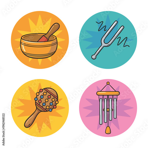 Set of four circular icons representing sound healing instruments.