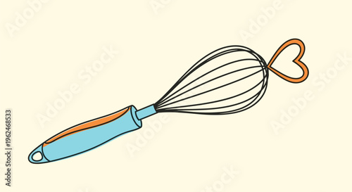 Kitchen whisk with a light blue handle and a wire head that forms a small orange heart shape on the end for baking with love.