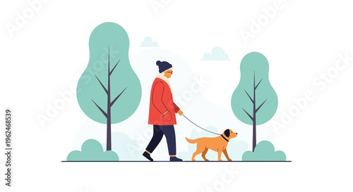 Person in a red coat and winter gear walking a golden dog on a leash through a park with stylized teal trees and light sky.