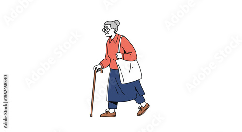 Elderly woman with grey hair and glasses wearing a red sweater and blue skirt walking with a cane and a shoulder bag.