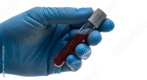 Medical professional holding a blood sample test tube in a blue latex glove, isolated on white background, perfect for clinical diagnostics, laboratory research, healthcare marketing and medical