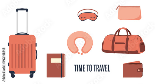 Collection of travel essentials including an orange suitcase, eye mask, neck pillow, bag, notebook, and wallet with text.