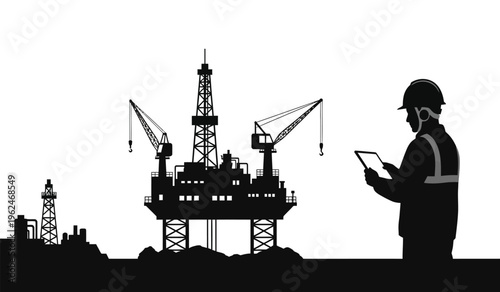 Silhouette of an offshore oil rig worker with drilling platform silhouette