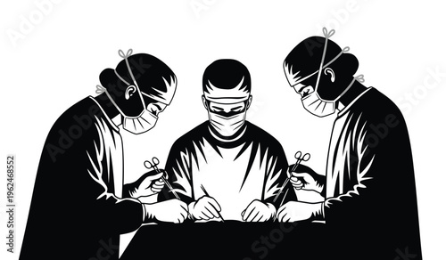 Silhouette of three surgeons in masks and gowns performing surgery