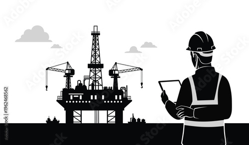 Silhouette of an oil rig worker standing in front of an offshore drilling platform silhouette
