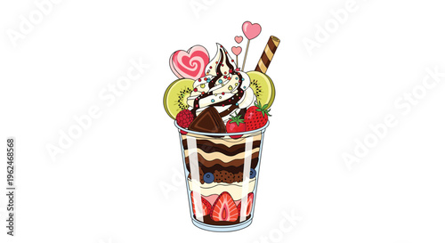 Elaborate chocolate parfait in a clear cup layered with cream and fruit topped with whipped cream, strawberries, kiwi, and chocolate.