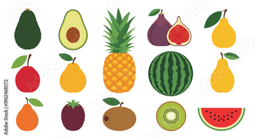 Large set of various whole and sliced fruits including pineapple, watermelon, avocado, pear, kiwi, and fig on a white background.