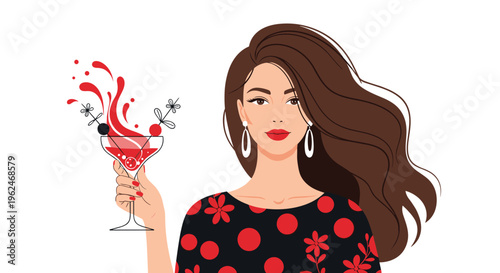Beautiful woman with long brown hair wearing a polka dot dress and holding a splashing red cocktail in a martini glass.