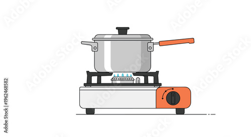 Silver cooking pot with an orange handle sitting on a portable gas stove with burning blue flames on a white background.