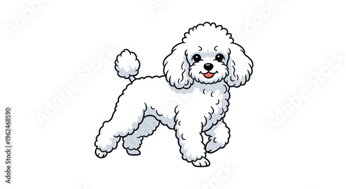 Adorable white poodle dog standing on a white background, cute pet character design for veterinary clinics, animal care, and dog lovers.