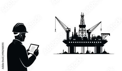Silhouette of an engineer in a hard hat looking at a tablet next to an offshore oil rig silhouette