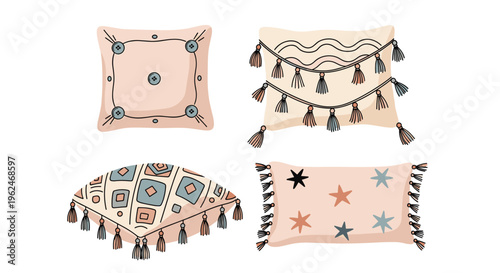 Collection of four decorative cushions with bohemian patterns, tassels, and stars, stylish home decor elements for interior design projects.
