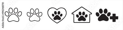 Set of pet paw print icons representing animal care, veterinary clinic, pet shelter, and adoption services with heart, house, and medical symbols.