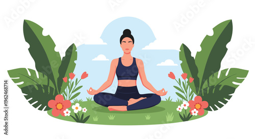 Woman practicing yoga in lotus position outdoors in a garden with flowers and tropical leaves, wellness and meditation concept illustration.